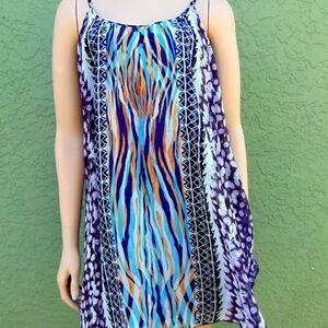 EUC EXPRESS Multicolored Abstract Design Spaghetti Strap Lightweight Sun Dress